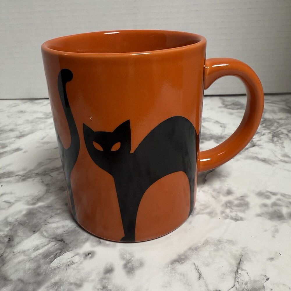 Crate & Barrel Halloween Orange Black Purple Scaredy Cat Coffee Cup Mug NOS